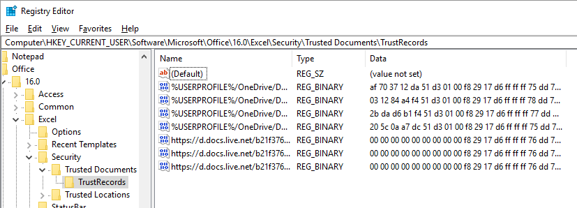 Registry Excel TrustedRecords