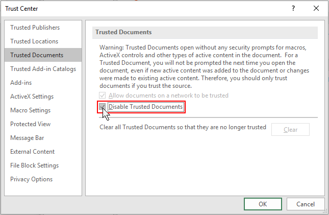 disable macros in excel workbook