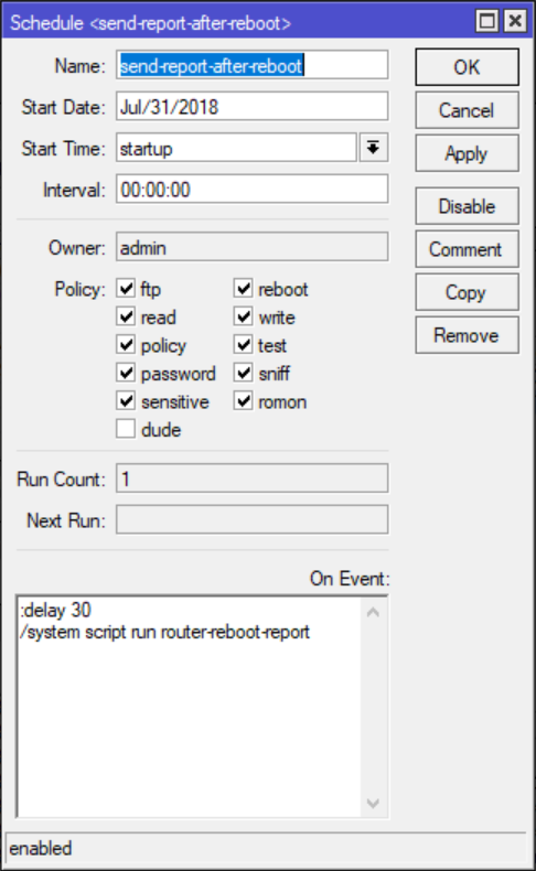 Mikrotik Winbox Scheduler Screenshot